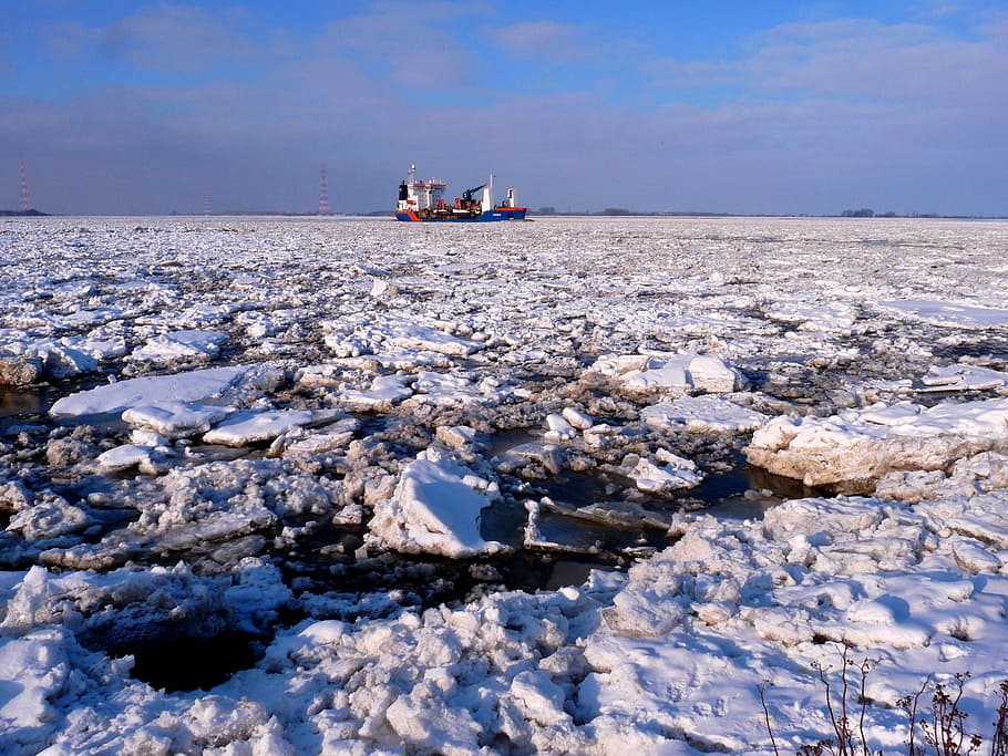 ice, ice floe, seafaring, ship, elbe, port, water, navigation HD wallpaper