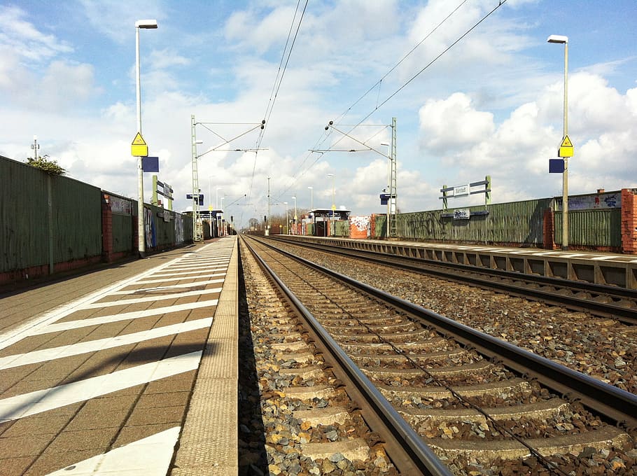train, station, travel, empty, blue sky, transportation, city, HD wallpaper