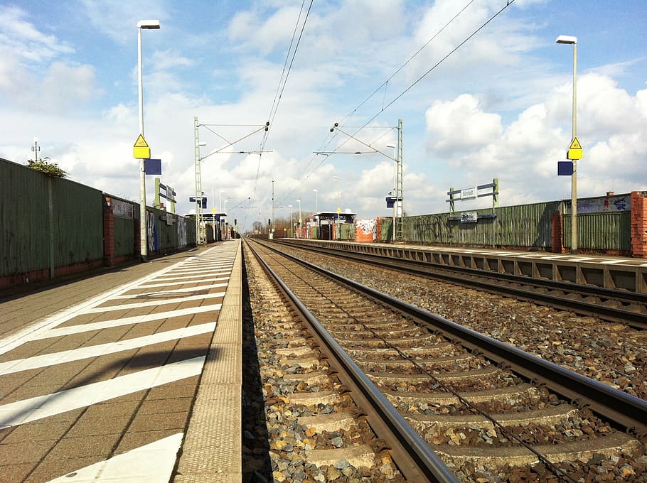 train, station, travel, empty, blue sky, transportation, city HD wallpaper