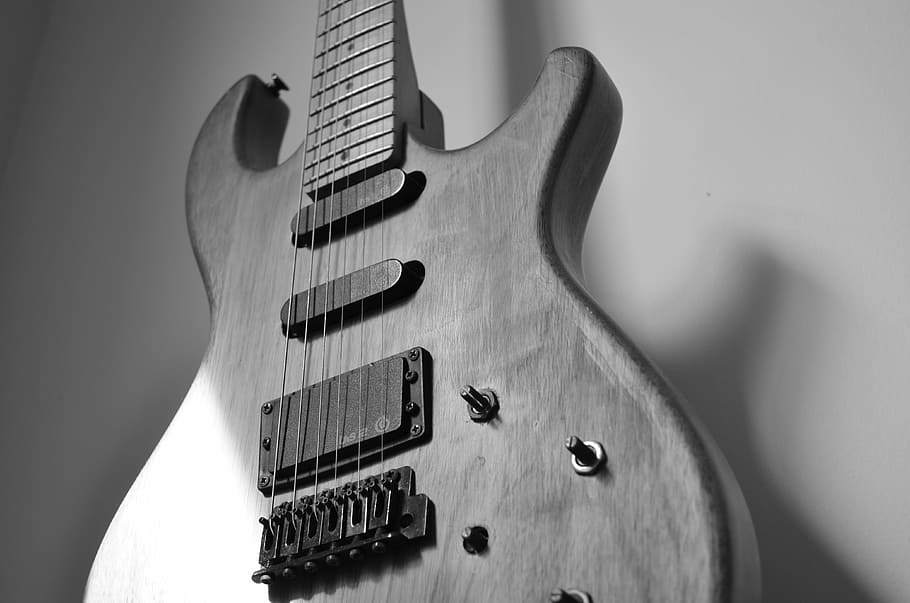 grayscale photo of electric guitar, music, instrument, old guitar