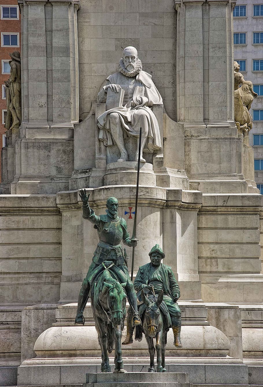 two men riding on horse statue, Don Quixote, Madrid, Servantes, HD wallpaper