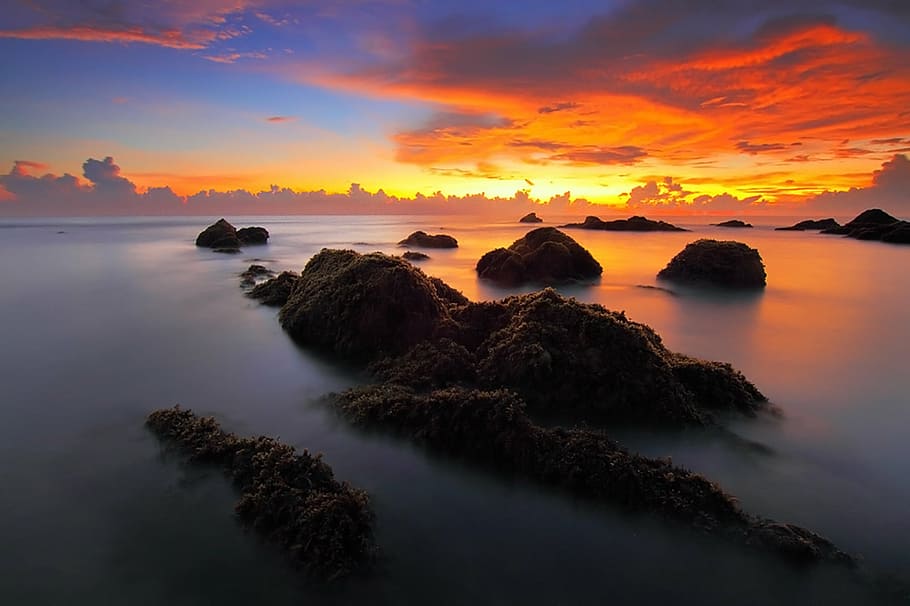 beach, clouds, dawn, dusk, nature, ocean, sea, seascape, seashore HD wallpaper