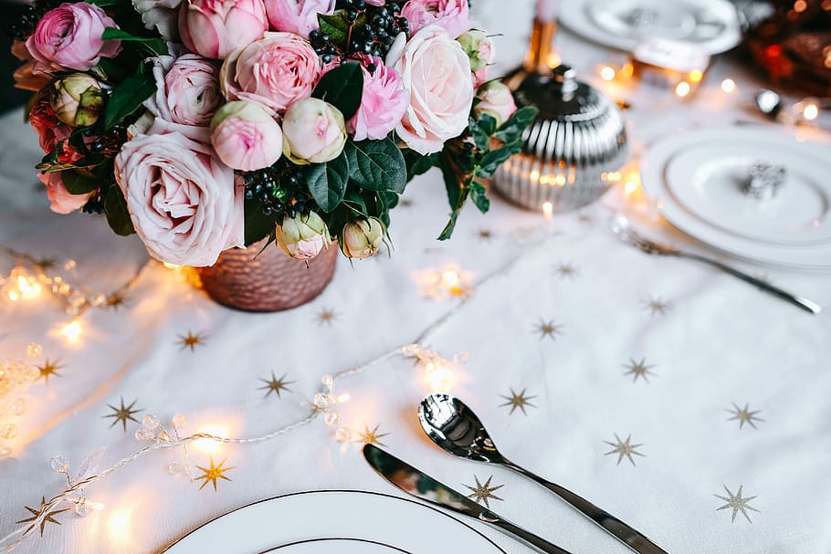 HD wallpaper: Christmas table decorations, table set, pink, holiday ...