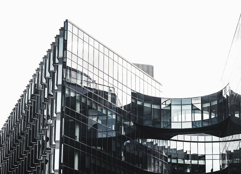 low angle photography of curtain wall building, structure, sky HD wallpaper