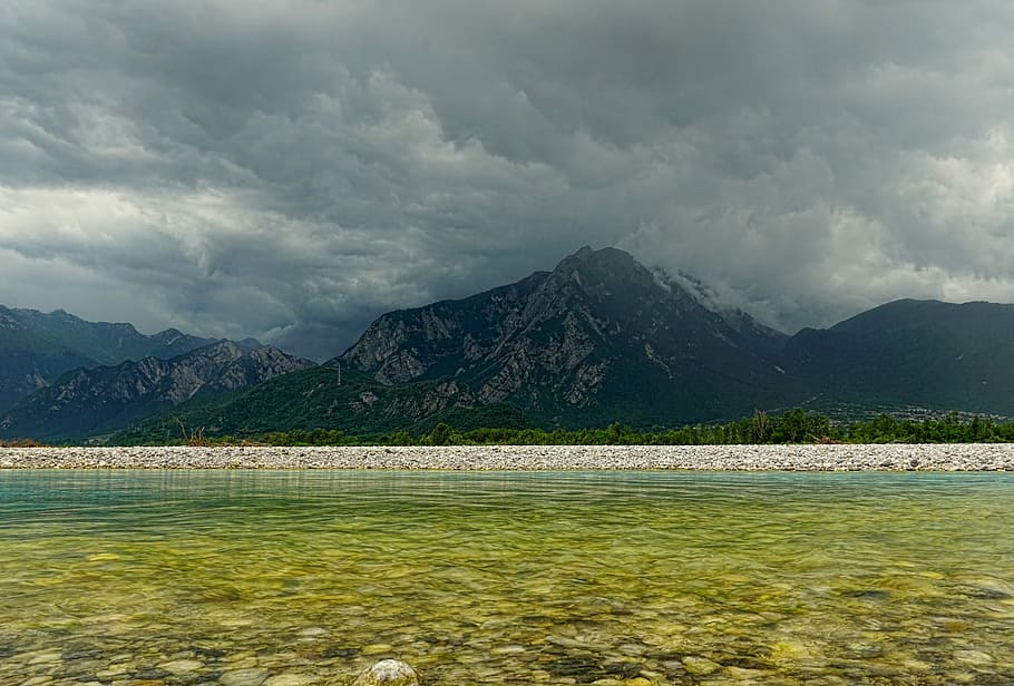 body of water near mountain, nature, mountains, river, clouds HD wallpaper