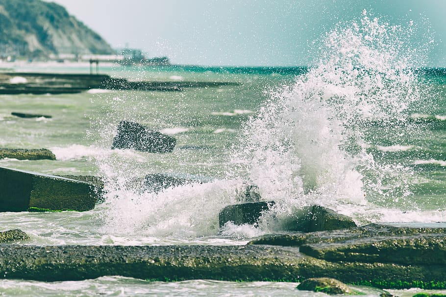 nature, water, ocean, sea, splash, rocks, coast, shore, sky HD wallpaper