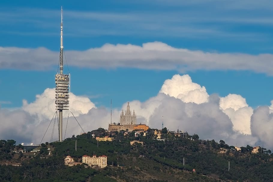 barcelona, tower, church, mountain, landscape, architecture, HD wallpaper