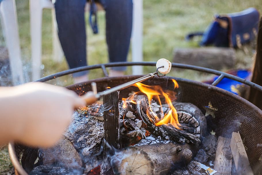 macro shot of fire pit table, person holding rod with mushroom above burning wood at daytime HD wallpaper