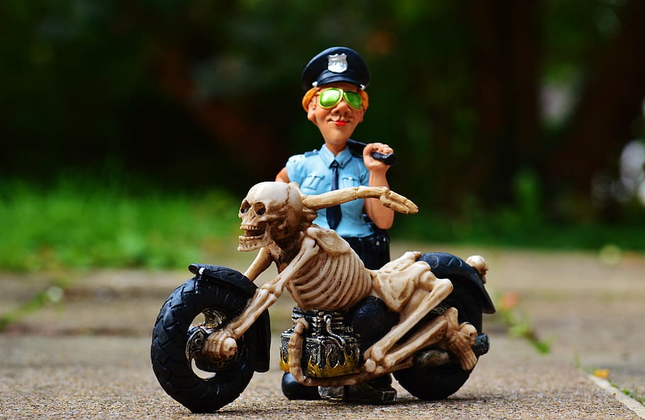 biker, skeleton, policewoman, control, creepy, weird, decoration HD wallpaper