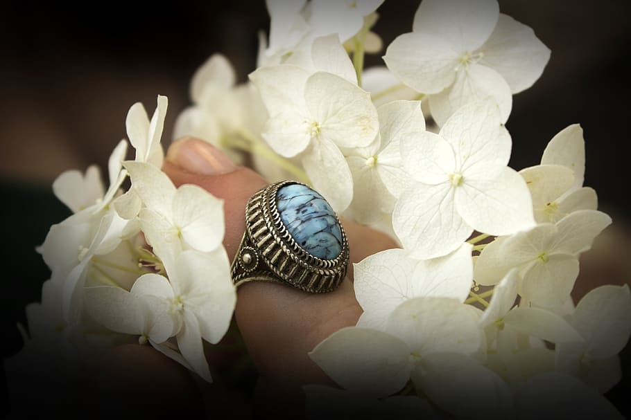 silver-colored blue cabochon ring near flowers, hand, wedding HD wallpaper