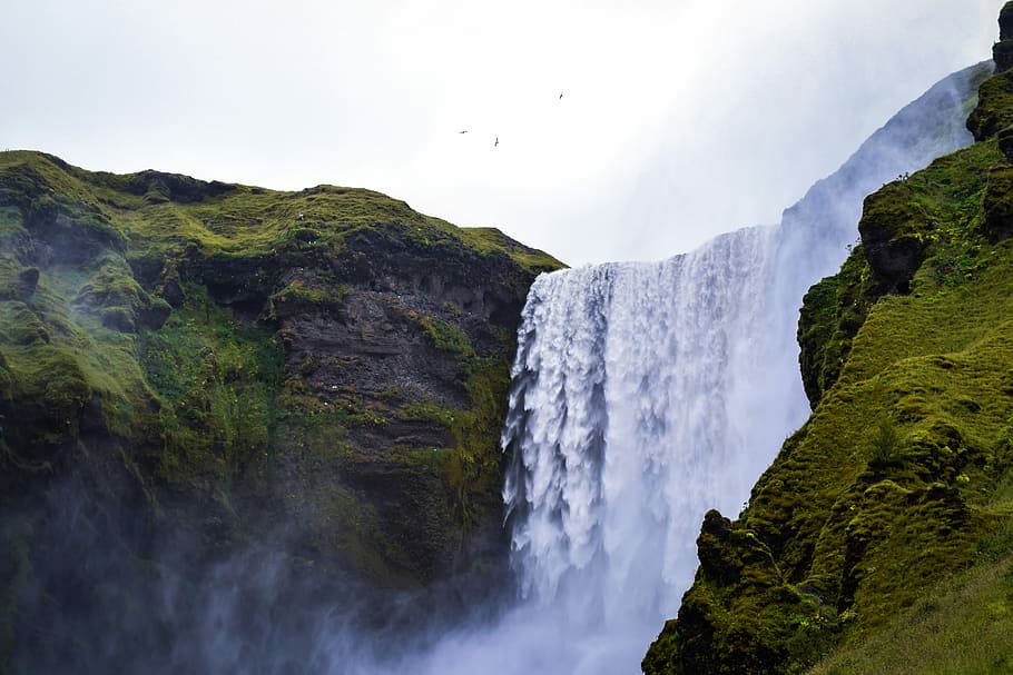 water falls photography, water falls surrounded by mountains under white sky during daytime HD wallpaper