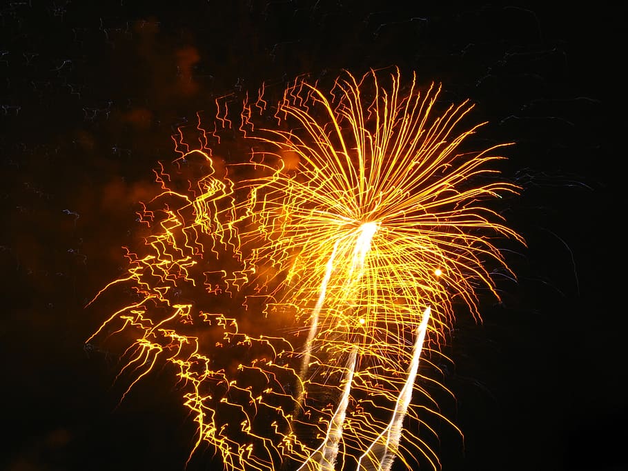 fireworks, light, orange, yellow, night, celebration, party HD wallpaper