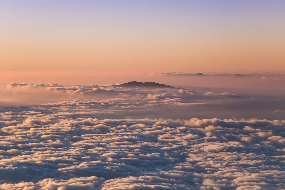 sky photo, white clouds under golden hour, sunset, orange, hawaii HD wallpaper