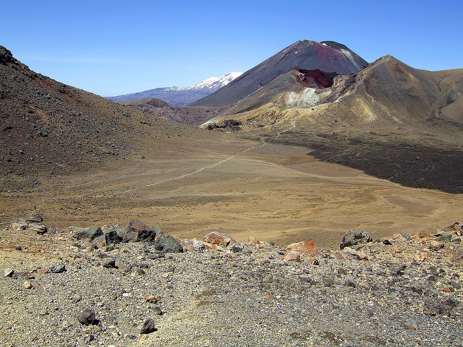 new zealand, tongariro crossing, mountains, volcano, red soil, HD wallpaper
