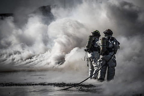 two man in fire suit on smoke, firefighters, training, live HD wallpaper