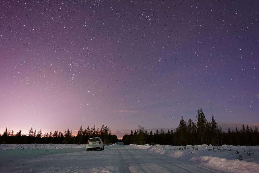 white vehicle traveling on snowy road near tree under starry skies HD wallpaper
