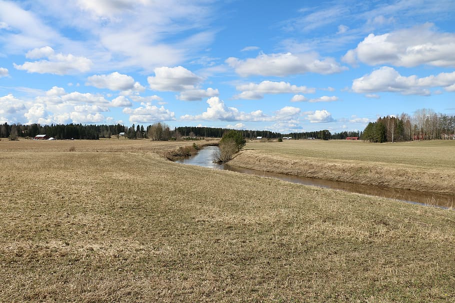 nature, river, sky, landscape, field, spring, countryside, cloud - sky HD wallpaper