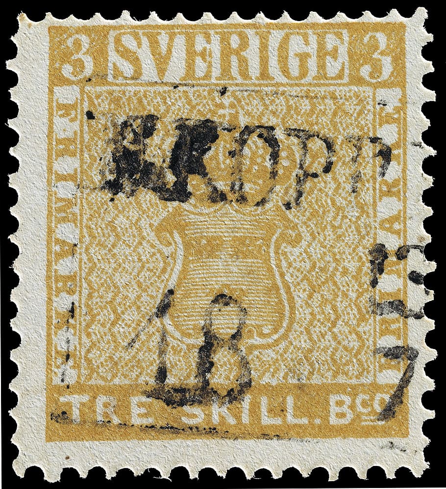 closeup of Sverige Tre Skill postage stamp, tre skilling banco error