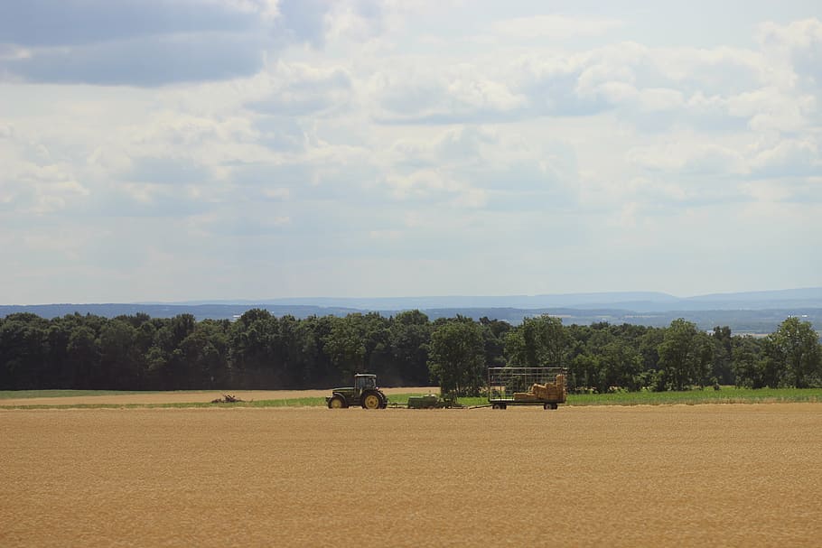 blue, brown, clouds, combine, field, green, grey, harvest, hay HD wallpaper