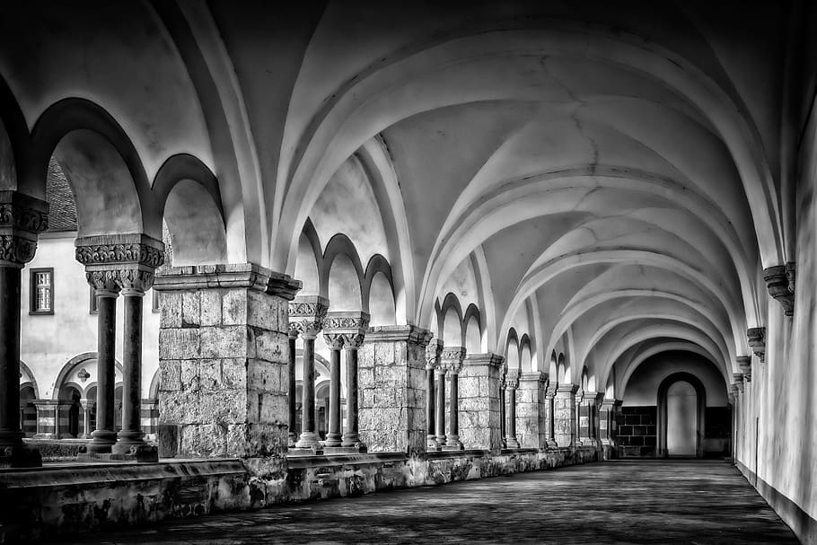 grayscale photo of building's interior, cloister, abbey, romanesque, HD wallpaper