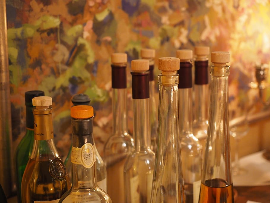 bottles, beverages, cork, alcohol, drink, alcoholic, fruit brandy, HD wallpaper