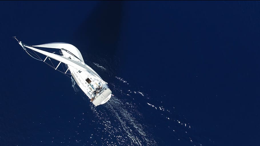 white sailboat in body of water, bird's eye view, yacht, sea, HD wallpaper