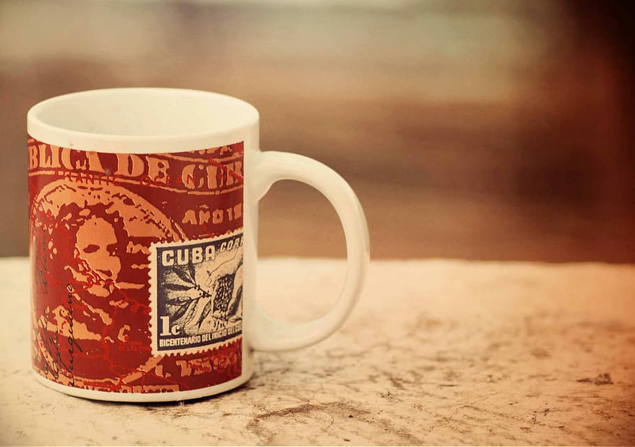 white and red ceramic mug on top of white wooden table top, coffee HD wallpaper