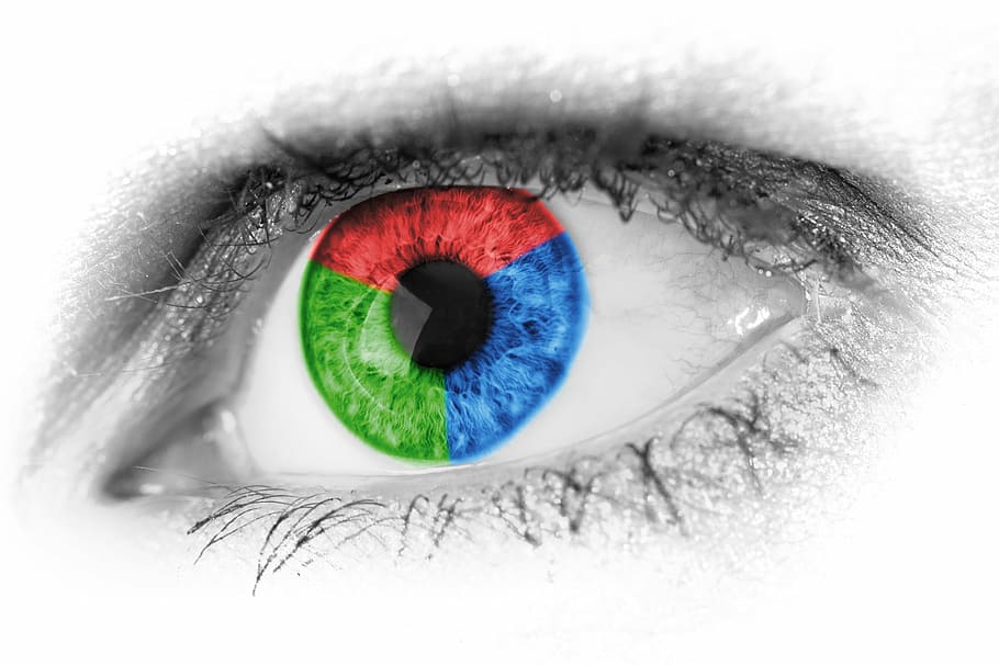 person's blue, red, and green iris, abstract, primary, colors HD wallpaper