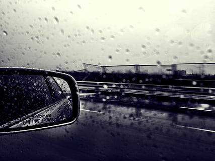 selective focus grayscale photography of side mirror and windshield with water dew, water droplets on car window HD wallpaper
