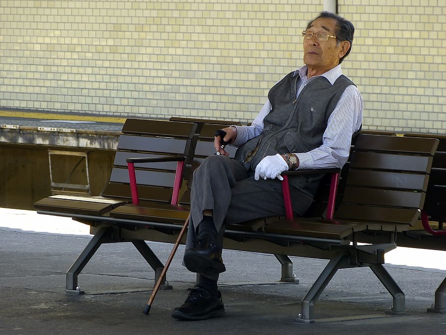 man sitting on black wooden bench holding walking cane, japanese, HD wallpaper