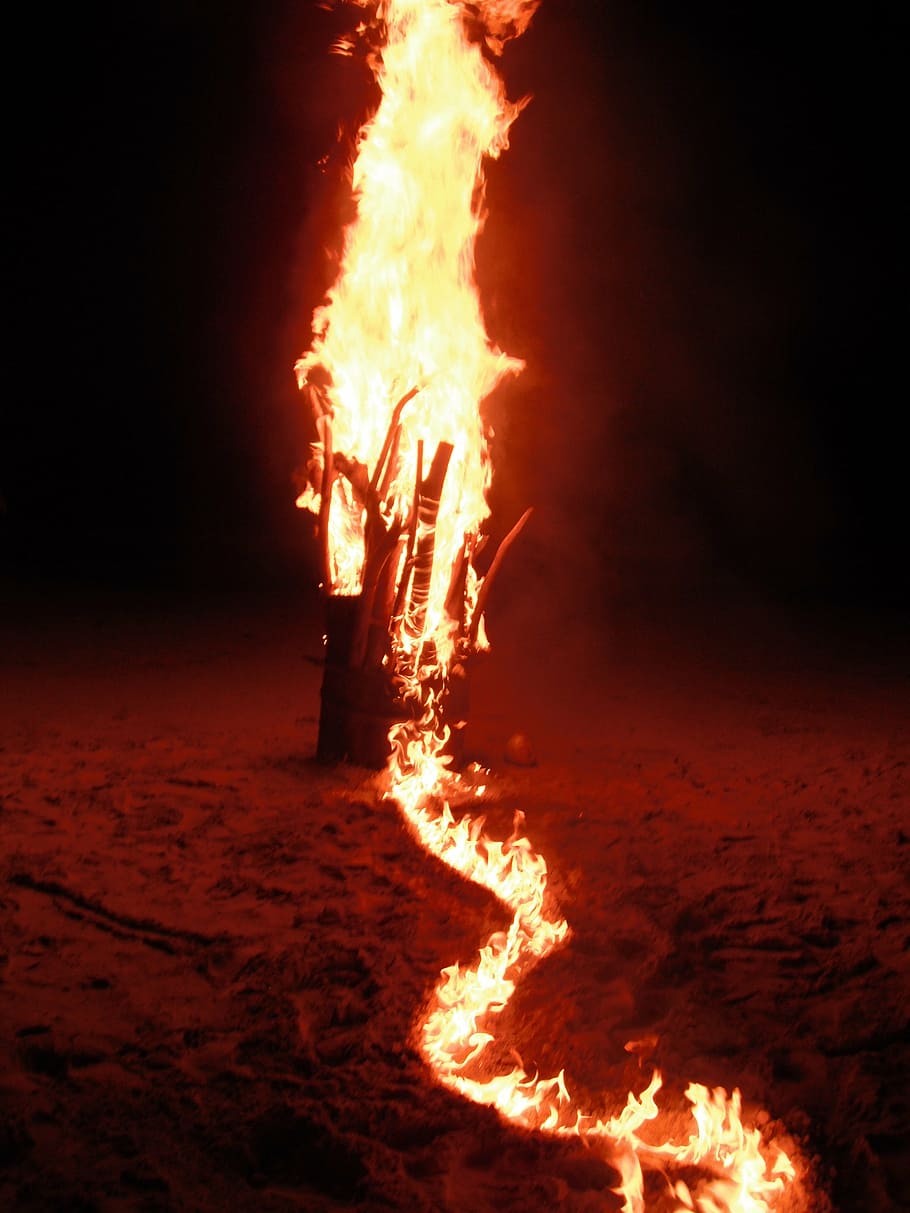 fire, beach, sand, summer, vacation, flame, evening, nature HD wallpaper