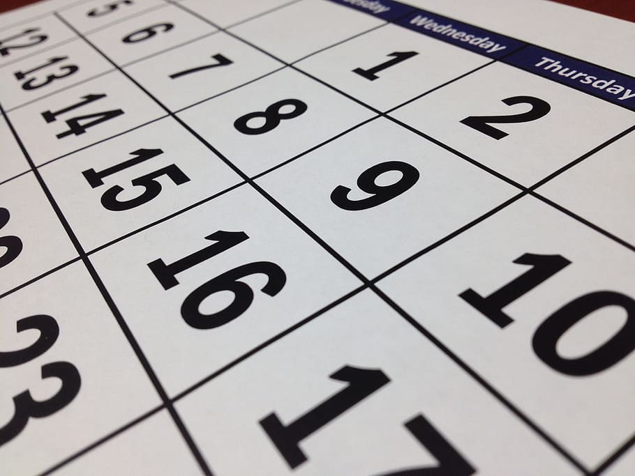 calendar close up photography, date, time, month, week, planning