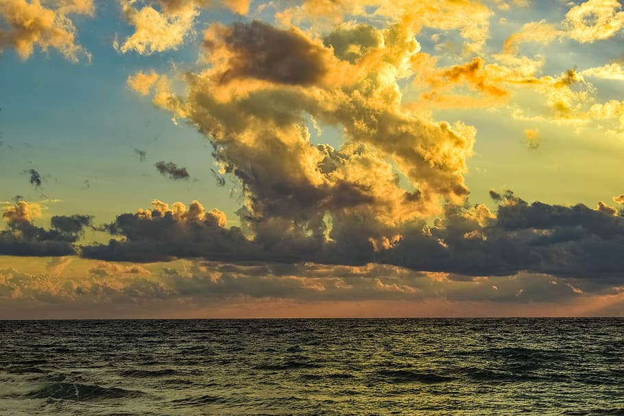 sunset, nature, sunlight, sunbeam, sea, sky, clouds, horizon HD wallpaper