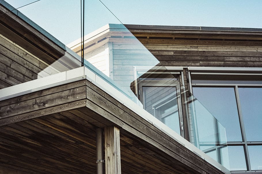 low angle view of house terrace, closeup photo ofg brown and glass house HD wallpaper