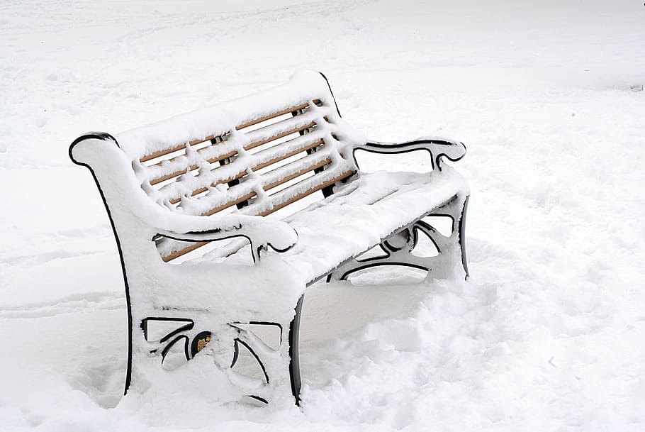 snow-coated bench, white, winter, cold, chair, snowfall, outdoor HD wallpaper