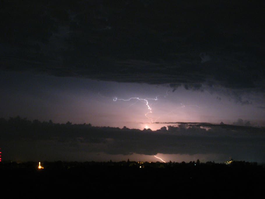 lightening, storm, night, sky, clouds, thunderstorm, landscape HD wallpaper