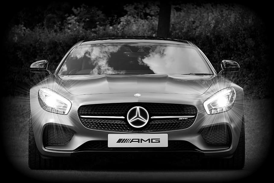 silver Mercedes-Benz AMG GT grayscale photography, car, transport