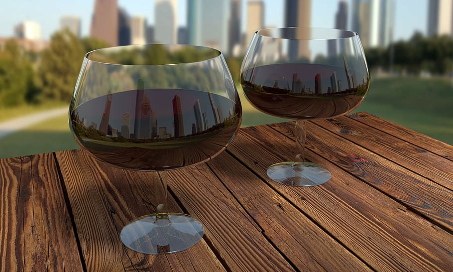 two wine glasses filled with wine on table, glass of wine, alcohol