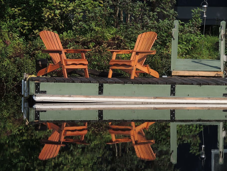 chairs, lake, reflection, quebec, outdoors, bench, wood - Material HD wallpaper