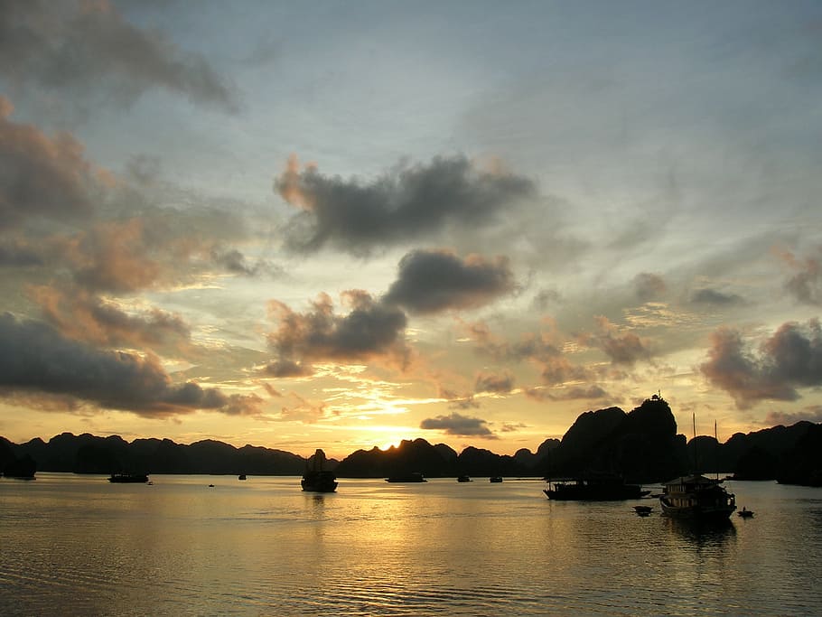 sunset, clouds, horizon, sea, evening, sky, cloud - sky, water HD wallpaper