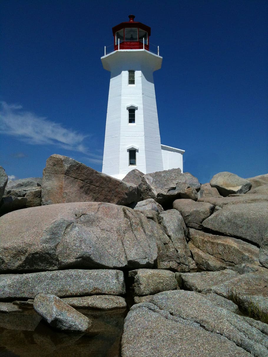 white and black lighouse, Lighthouse, Nova Scotia, Rocks, Ocean HD wallpaper