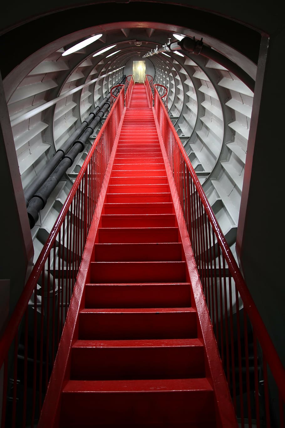 red metal staircase going upward, stairs, atomium, brussels, world's fair