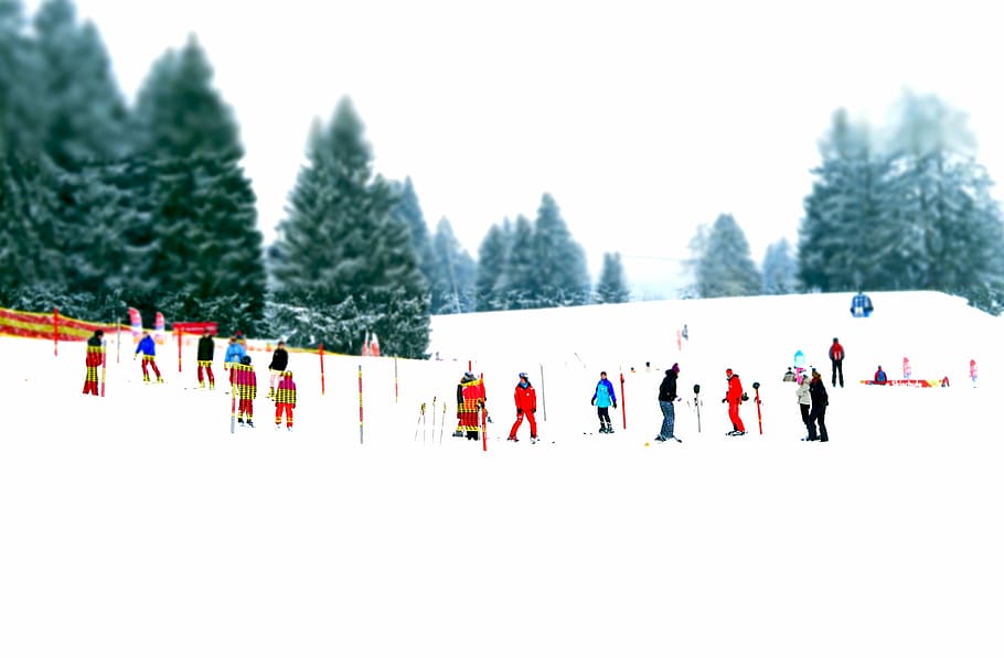ski school, ski lessons, miniature effect, mountains, skiing HD wallpaper