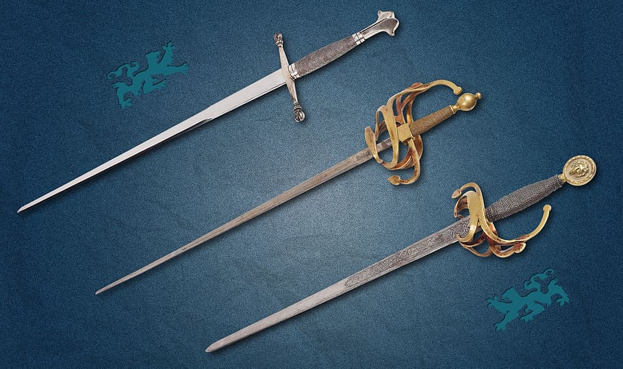 three assorted swords, weapons, hilt, blade, blue, indoors, still life, HD wallpaper