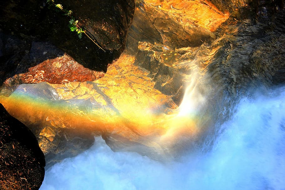 rock mountain under blue sky illustration, rainbow, waterfall HD wallpaper