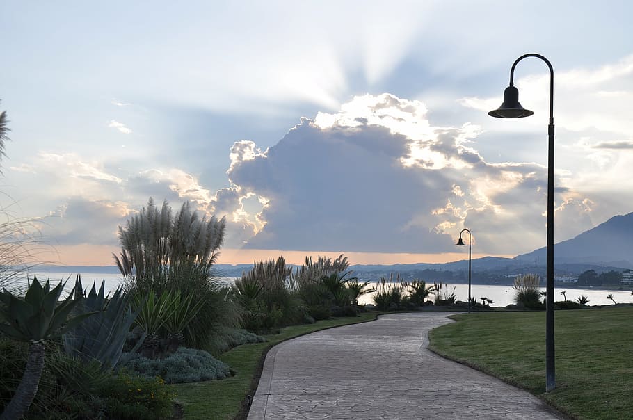 sunset, por do sol, clouds, sky, path, park, sea, beach, cloud - sky HD wallpaper