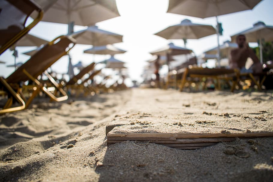 summer, beach, umbrella, sand, land, day, incidental people HD wallpaper