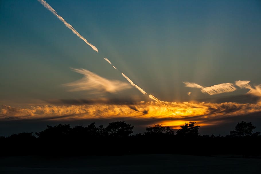 sunset, clouds, evening, heaven, trees, nature, soester dunes HD wallpaper