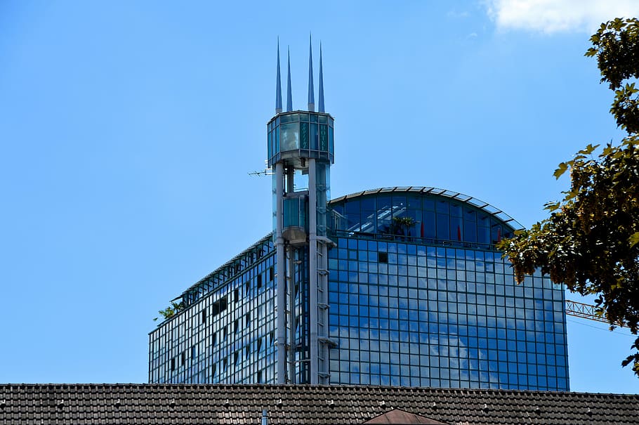 skyscraper, elevator, city, hotel, tower, pointed, blue, kempten HD wallpaper