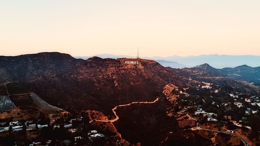 bird's-eye view photography of mountain and houses, hollywood